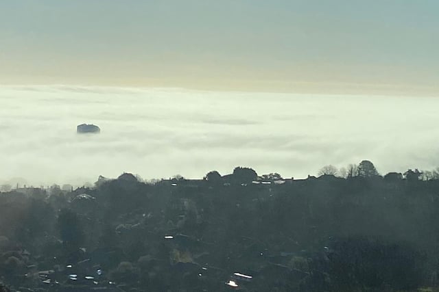 South Cliff Tower peering up through the morning fog. This picture was taken from Beachy Head Road by Henry Stapley, aged 12, with an Apple iPhone 11. SUS-220427-150142001