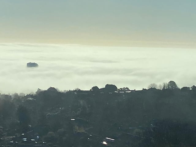 South Cliff Tower peering up through the morning fog. This picture was taken from Beachy Head Road by Henry Stapley, aged 12, with an Apple iPhone 11. SUS-220427-150142001