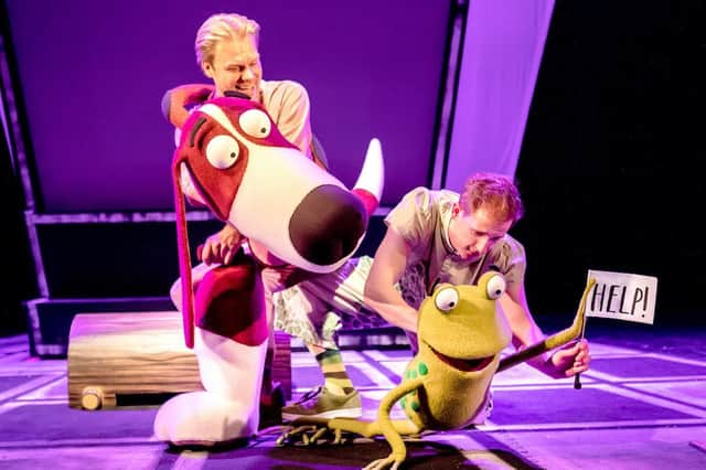 (L-R) Darren Seed as Dog and John Winchester as Frog in Oi Frog & Friends! (Pamela Raith Photography) - past cast production shot