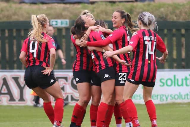 Lewes players celebrate a goal against Sunderland earlier in the season