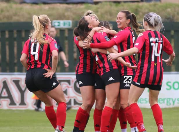 Lewes players celebrate a goal against Sunderland earlier in the season