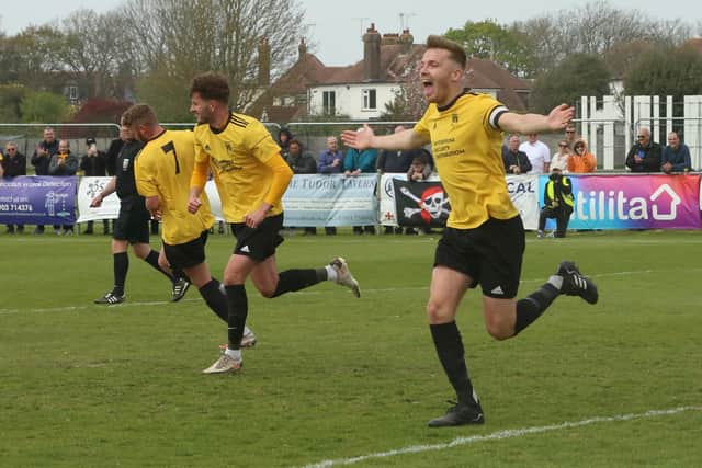 Celebrations after Jordan Clark gives Littlehampton the lead over Bexhill / Picture: Martin Denyer