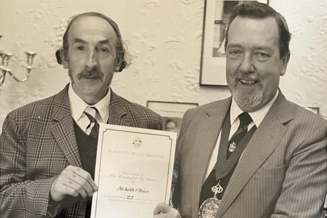 Keith O’Brien, who was awarded 25 years of service for tending Eastbourne’s parks and gardens in 1990, passed away on March 21. Daughter Sarah Paine said: "He took pleasure in looking after the Carpet Gardens and particularly enjoyed working at Hampden Park, where he spent most of his years. Even once retired he went on to look after his own garden and other peoples. He was a great Chelsea fan and will be sadly missed by all who knew him." Keith is pictured (left) with mayor Keith Erridge in 1990. SUS-220429-132250001