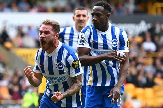 Brighton and Hove Albion midfielder Alexis Mac Allister celebrates after scoring from the spot against Wolves in the Premier League