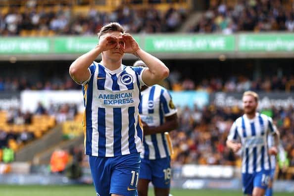 Brighton attacker Leo Trossard celebrates his seventh Premier League goal of the season during the impressive 3-0 in at Wolves