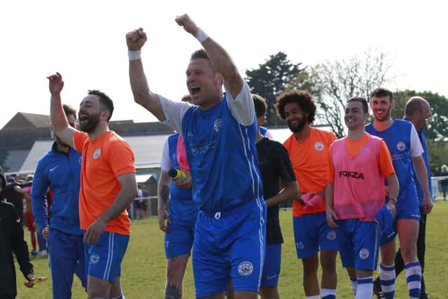Shoreham players celebrate their win at Seaford / Pictures: Will Charlton