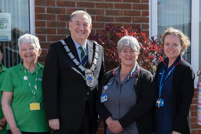 East Grinstead Town Mayor Councillor John Dabell (centre left) with, Nicky Reeves, and Tania Cubison
