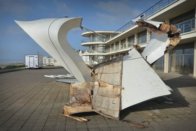 Damage to the bandstand at the De La Warr Pavilion in Bexhill due to Storm Eunice. SUS-220221-105827001