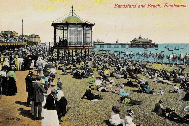 Birdcage bandstand and beach, Eastbourne, in Edwardian times. Picture sent in by Phil Gardner. SUS-220405-103531001
