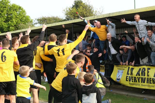 Golds fans and players celebrate winning the league and hope for more such scenes in the games to come / Picture: Martin Denyer