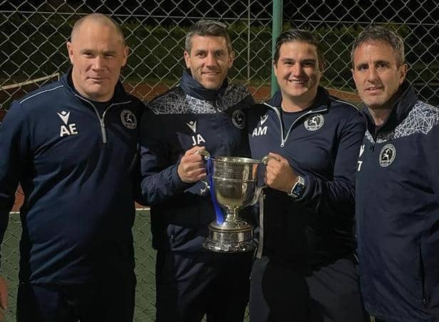 Midhurst's management with the league cup - now they're gearing up for the play-off final this weekend