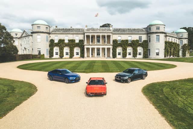 BMW i4 M50, M1 and M5 CS in front of Goodwood House. Photo by Joseph Harding