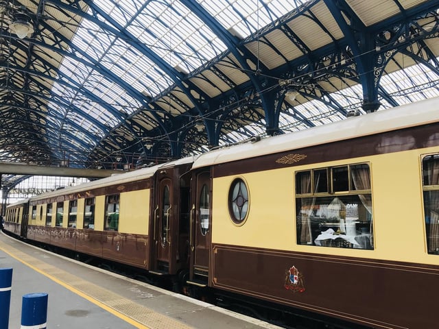 The British Pullman, which included cars from the Brighton Belle, pictured inside Brighton Railway Station on Saturday