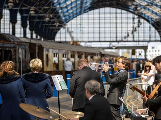 A musical welcome for the British Pullman, which included cars from the Brighton Belle