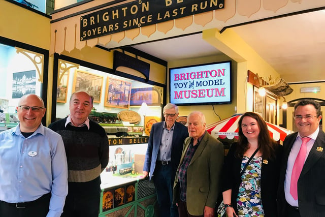 On the same day, The Brighton Toy and Model Museum unveiled a new Brighton Belle display at the museum in Trafalgar Street.
Pictured left to right – Paul Bromley, Community Rail Line Officer, Southeast Communities Rail Partnership, Norman Baker, former Transport Minister and MP for Lewes, now the chair of the Sussex Downs Line, Vic, Chris, Danielle and her father Nick Lade whose father used to work on the Brighton Belle and is a member of the Pullman Association