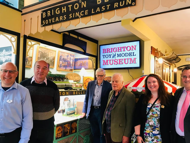 On the same day, The Brighton Toy and Model Museum unveiled a new Brighton Belle display at the museum in Trafalgar Street.
Pictured left to right – Paul Bromley, Community Rail Line Officer, Southeast Communities Rail Partnership, Norman Baker, former Transport Minister and MP for Lewes, now the chair of the Sussex Downs Line, Vic, Chris, Danielle and her father Nick Lade whose father used to work on the Brighton Belle and is a member of the Pullman Association