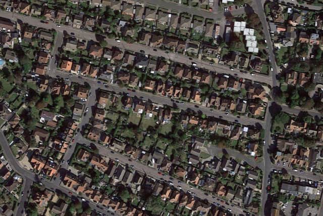 BR/78/22/PL: Land East Side of 21 Tennyson Road, Bognor Regis. Demolition of garage and erection of 1 No. 4 bed dwelling with off street parking. This application is in CIL Zone 4 and is CIL liable as new dwelling. Photo: Google Maps.