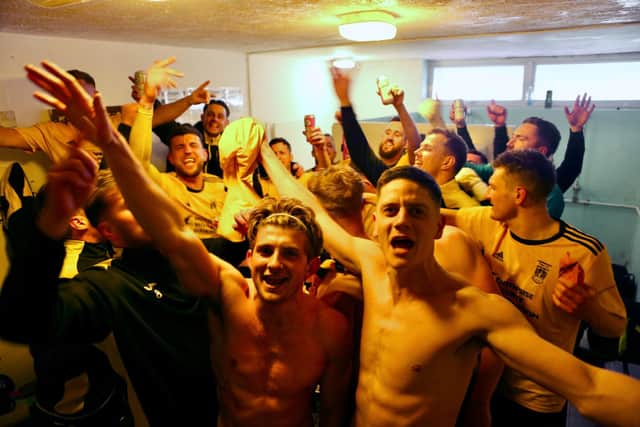 Littlehampton Town's players celebrate their FA Vase semi final win over Loughborough Students / Picture; Martin Denyer