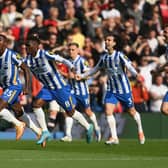 Brighton & Hove Albion celebrate after thumping Manchester United 4-0 at the Amex on Saturday evening. Picture by Mike Hewitt/Getty Images