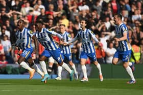 Brighton & Hove Albion celebrate after thumping Manchester United 4-0 at the Amex on Saturday evening. Picture by Mike Hewitt/Getty Images