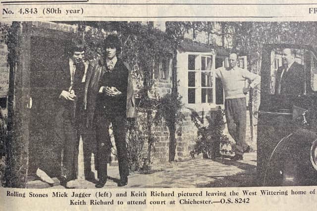 "Rolling Stones Mick Jagger (left) and Keith Richards pictured leaving the West Wittering home of Keith Richard to attend court at Chichester." With thanks to West Sussex Records Office