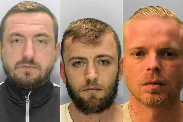 From left: Jordan Lacey, Joshua Erikson and Aaron Dolding, all from Crawley, were sentenced at Brighton Crown Court on April 28