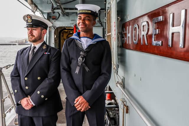 Sailors of HMS Shoreham prepare to set sail for the final time