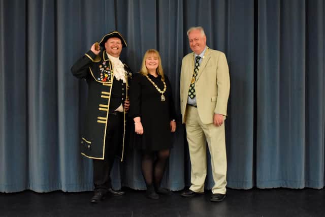 Town Crier, Jon Borthwick with the new Peacehaven Town Mayor, Lucy Jo Symonds and new Deputy Mayor Cllr David Seabrook