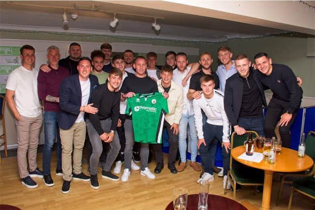 Pat Harding is given a great send-off by his Burgess Hill Town team-mates / Picture: Chris Neal