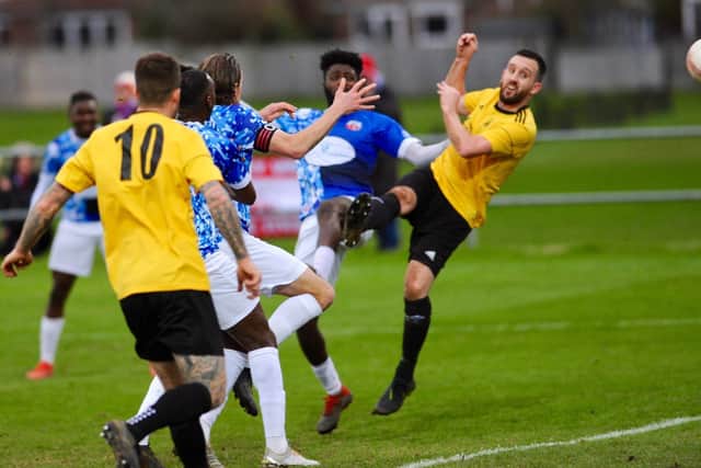 Liam Humphreys scores the winner in the third round against Sheppey / Picture: Stephen Goodger