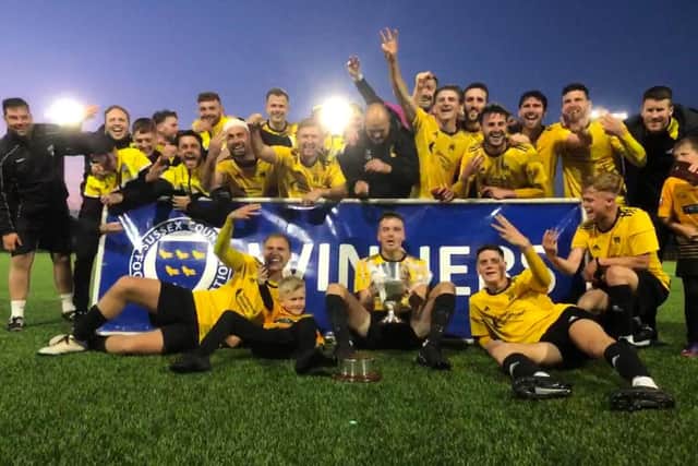 Littlehampton Town's jubilant team with the RUR Cup / Picture: Martin Denyer