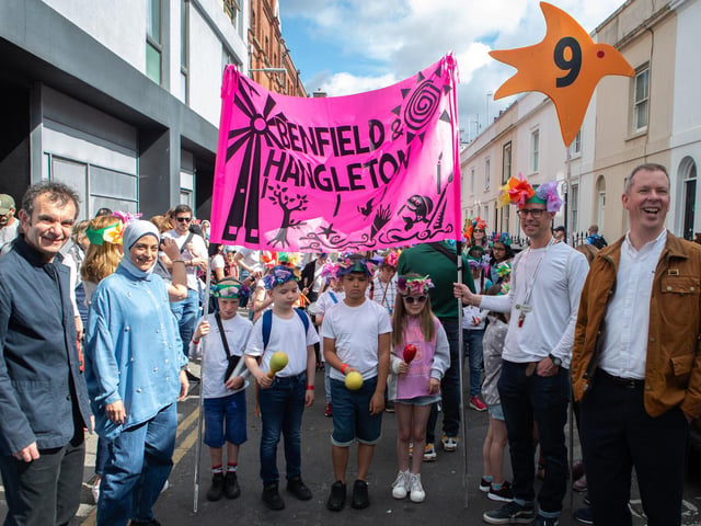 The children's parade showcased the brilliant creativity of local school children and was led by Brighton Dome & Festival CEO Andrew Comben and this year’s guest co-directors, Syrian architect and author Marwa Al-Sabouni and Tristan Sharps, artistic director of Brighton-based theatre makers dreamthinkspeak