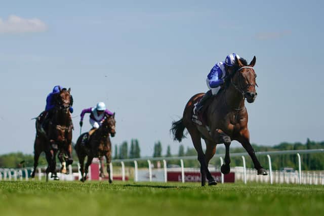 Jim Crowley riding Baaeed (R) win The Al Shaqab Lockinge Stakes at Newbury Racecourse on May 14, 2022 (Photo by Alan Crowhurst/Getty Images)