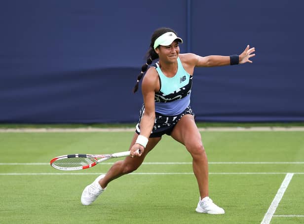 Heather Watson of Great Britain in action during her women's singles qualifying match against Urszula Radwanska of Poland (Photo by Charlie Crowhurst/Getty Images for LTA)