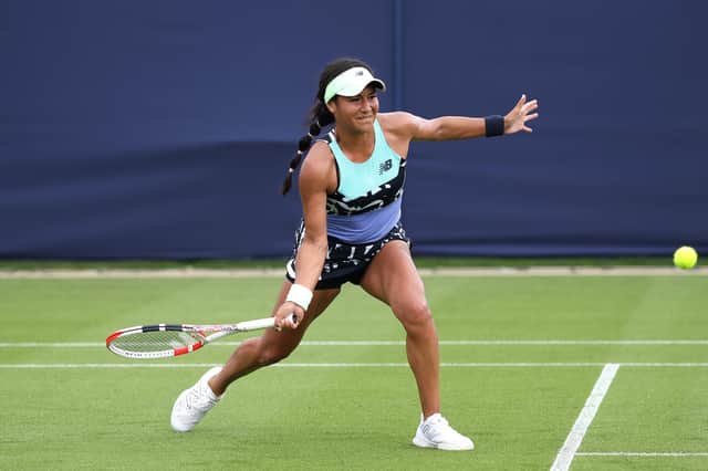 Heather Watson of Great Britain in action during her women's singles qualifying match against Urszula Radwanska of Poland (Photo by Charlie Crowhurst/Getty Images for LTA)