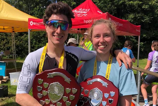 Mid Sussex triathlon winners Thomas Percy and Vicky Lee