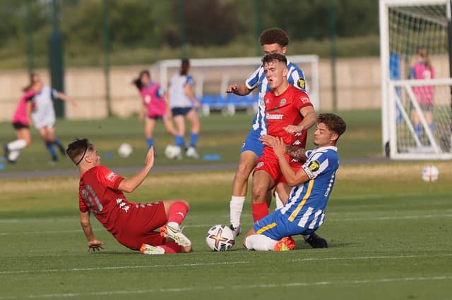 Action from the pre-season friendly between Brighton U23s and Worthing at the Seagulls' training ground which ended 1-1 / Pictures: Mike Gunn