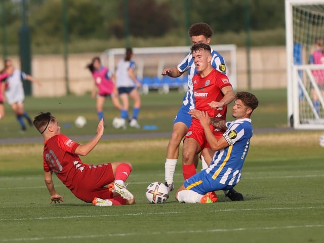 Action from the pre-season friendly between Brighton U23s and Worthing at the Seagulls' training ground which ended 1-1 / Pictures: Mike Gunn