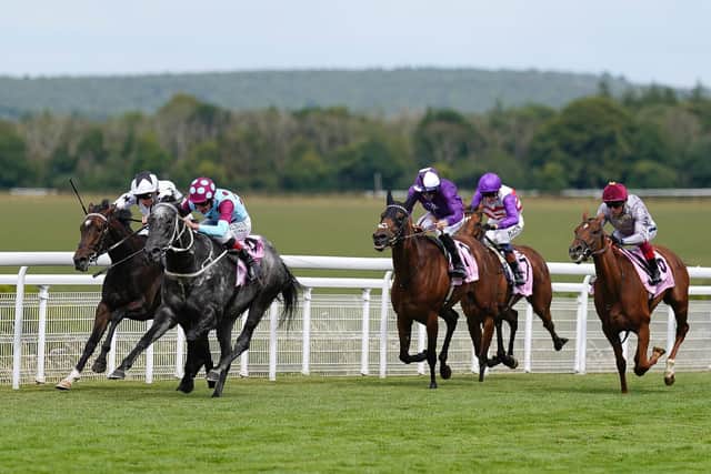 William Buick riding Oscula (L, white) to win The Whispering Angel Oak Tree Stakes / Photo by Alan Crowhurst/Getty Images
