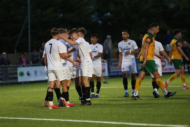 Action and Worthing celebrations from their 3-0 win over Horsham at Woodside in this year's Isthmian League charity shield match / Pictures: Mike Gunn