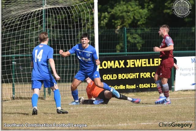 Ben Cooksley turns to celebrate the winner against Little Common | Picture: Chris Gregory for SCFL