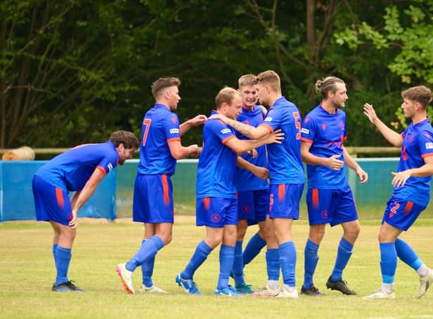 Midhurst celebrate their goal in their 1-1 draw with Bexhill that opened their SCFL premier campaign | Picture: Martin Denyer
