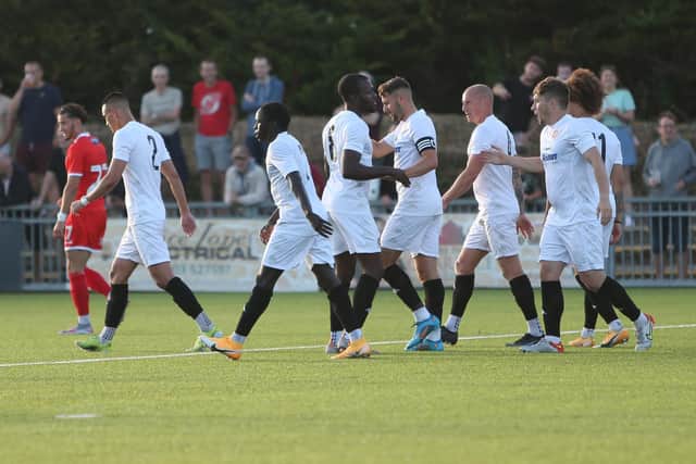 Worthing celebrate a goal in their friendly win over a Wycombe Wanderers XI | Picture: Mike Gunn