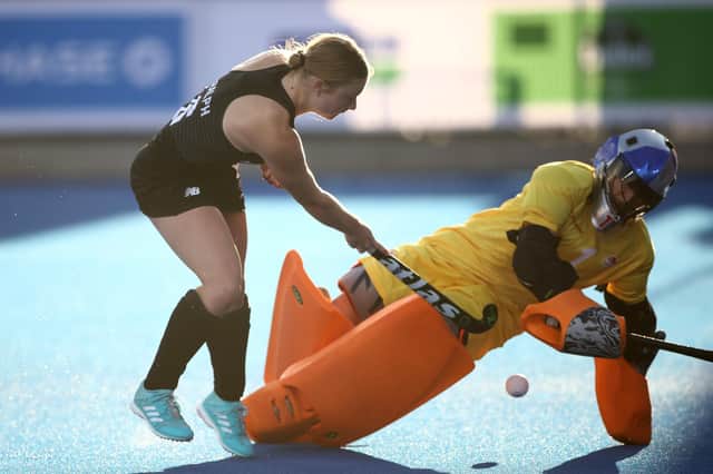 Maddie Hinch saves in the shootout against New Zealand - in which England's win took them to the gold medal match | Picture: Getty