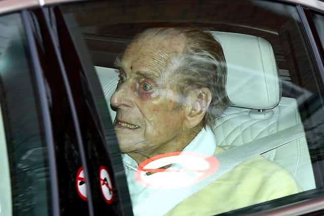 Prince Philip, Duke of Edinburgh leaving King Edward VII's Hospital in central London on March 16, 2021. Photo by DANIEL LEAL-OLIVAS/AFP via Getty Images