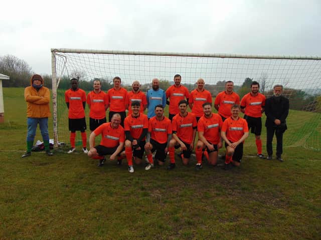The JC Tackleway first team in their new kit sponsored by Bradshaw Road Construction Ltd, before their game against Crowhurst which ended 1-1. Photo: Paul Huggins