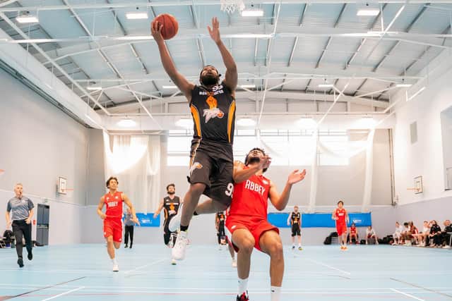 Zaire Taylor leaps for glory in Thunder's win against Barking Academy / Picture: Kyle Hemsley