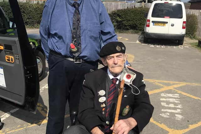 101-year-old WWII Veteran Major Edwin ‘Ted’ Hunt MVO was taken to have his second Covid vaccine by London cabbie Mike Hughes from the Taxi Charity. Picture: Bowden PR