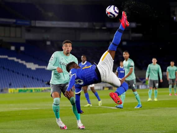 Brighton midfielder Yves Bissouma attempts a spectacular effort against Everton