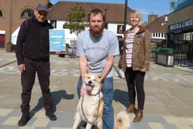 A vegan market will take place in Horsham starting this month. Pictured is George Koumarides, who will be managing the market on market days; Robert Bryden, a volunteer at Holbrook Animal Rescue with Star, one of the dogs at Holbrook Animal Rescue who is looking for her forever home; and Helen Crabb, organiser of Piries Place Vegan Market SUS-210419-132252001